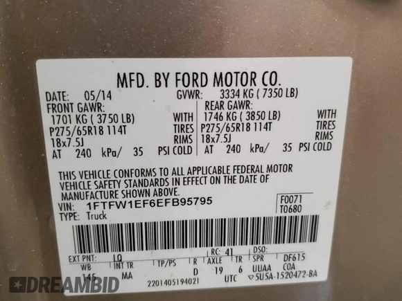 2014 Ford F-150 XL with VIN 1FTFW1EF6EFB95795, listed as a Copart auction lot 45040485 with 240,718 mi miles and Salvage Title. Bid and sale history available at carsss.com. Image 14.