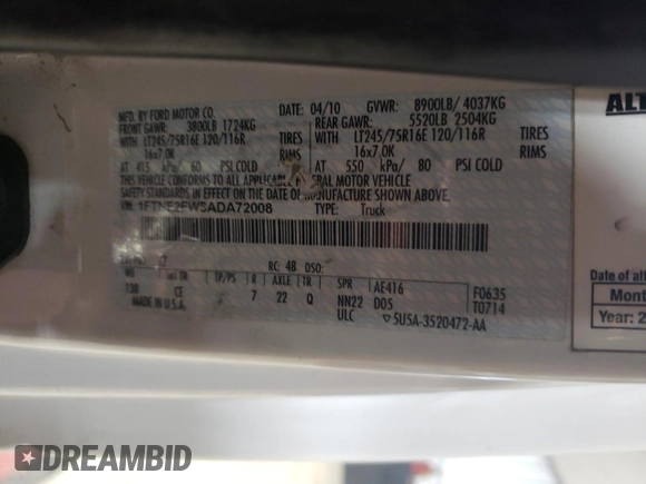 2010 Ford Econoline Cargo Commercial with VIN 1FTNE2EW8ADA72008, listed as a Copart auction lot 44383155 with Not provided miles and Clean title. Bid and sale history available at DreamBid. Image 13.