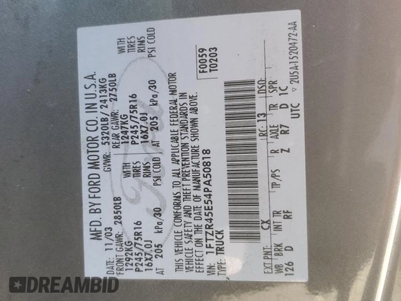 2004 Ford Ranger XL Fleet with VIN 1FTZR45E54PA50818, listed as a Copart auction lot 47448965 with 101,240 mi miles and Salvage Title. Bid and sale history available at DreamBid. Image 12.