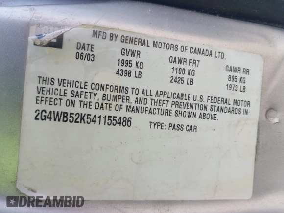 2004 Buick Regal LS z VIN 2G4WB52K541155486, wystawiony jako IAAI lot #42211775 z przebiegiem 96 969 mil mil oraz . Historia ofert i sprzedaży dostępna na DreamBid. Obrazek 9.
