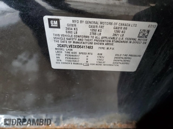 2013 GMC Terrain SLT z VIN 2GKFLVE3XD6417483, wystawiony jako Copart lot #66709315 z przebiegiem 184 241 mil mil oraz Czysty tytuł • Clean title. Historia ofert i sprzedaży dostępna na DreamBid. Obrazek 13.