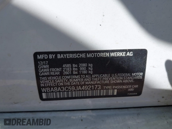 2018 BMW 3 Series 320i xDrive with VIN WBA8A3C59JA492173, listed as a IAAI auction lot 41850946 with 76,196 mi miles and . Bid and sale history available at DreamBid. Image 9.