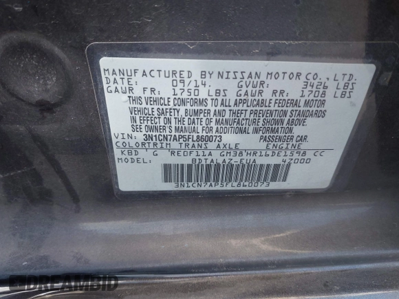 2015 Nissan Versa SV with VIN 3N1CN7AP5FL860073, listed as a IAAI auction lot 42035884 with 48,956 mi miles. Bid and sale history available at carsss.com. Image 9.
