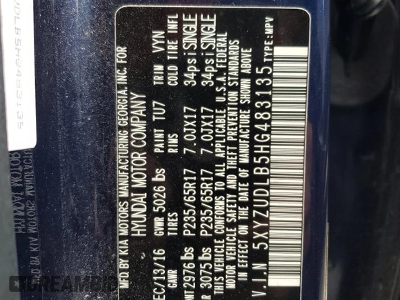 2017 Hyundai Santa Fe 2.4L z VIN 5XYZUDLB5HG483135, wystawiony jako Copart lot #55426735 z przebiegiem 93 470 mil mil oraz Szkoda całkowita • Salvage title. Historia ofert i sprzedaży dostępna na DreamBid. Obrazek 13.