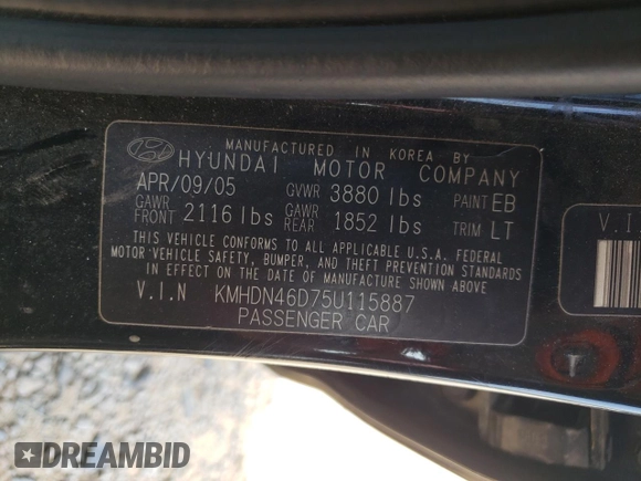 2005 Hyundai Elantra GLS z VIN KMHDN46D75U115887, wystawiony jako Copart lot #54938955 z przebiegiem 101 490 mil mil oraz Szkoda całkowita • Salvage title. Historia ofert i sprzedaży dostępna na DreamBid. Obrazek 12.