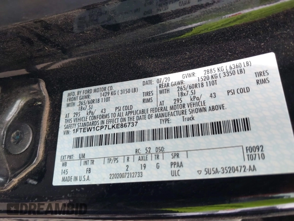 2020 Ford F-150 XL z VIN 1FTEW1CP7LKE86737, wystawiony jako IAAI lot #41895511 z przebiegiem 64 318 mil mil oraz . Historia ofert i sprzedaży dostępna na DreamBid. Obrazek 9.