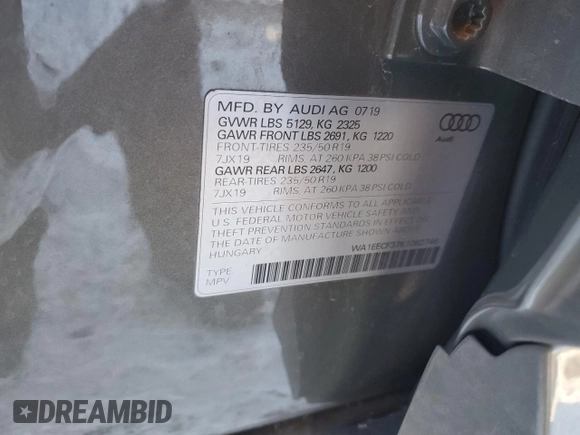 2019 Audi Q3 S line Premium Plus with VIN WA1EECF37K1082746, listed as a Copart auction lot 86808884 with 43,252 mi miles and Salvage Title. Bid and sale history available at carsss.com. Image 13.