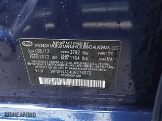 2013 Hyundai Elantra Limited PZEV with VIN 5NPDH4AE4DH274970, listed as a IAAI auction lot 41516122 with 1 mi miles. Bid and sale history available at carsss.com. Image 9.