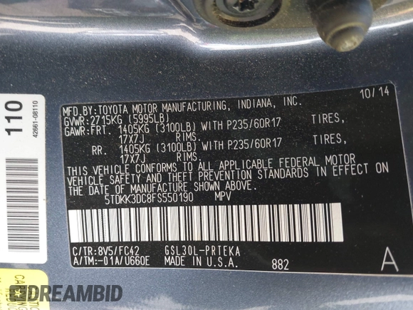2015 Toyota Sienna LE AAS with VIN 5TDKK3DC8FS550190, listed as a IAAI auction lot 41924584 with 54,461 mi miles. Bid and sale history available at carsss.com. Image 9.