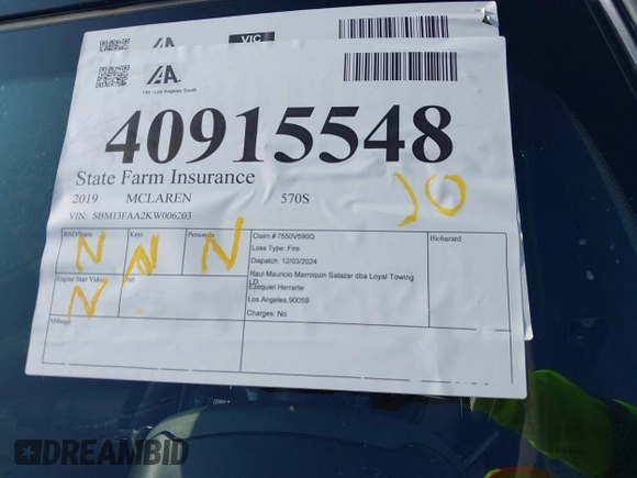 2019 McLaren 570S z VIN SBM13FAA2KW006203, wystawiony jako IAAI lot #40915548 z przebiegiem Nie podano mil oraz . Historia ofert i sprzedaży dostępna na DreamBid. Obrazek 14.