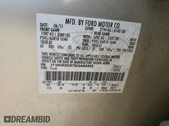 2011 Ford Explorer XLT with VIN 1FMHK8D87BGA85565, listed as a Copart auction lot 53612415 with 238,616 mi miles and Salvage Title. Bid and sale history available at DreamBid. Image 13.