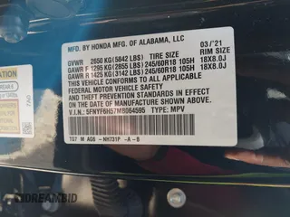 2021 Honda Pilot EX-L with VIN 5FNYF6H57MB064595, listed as a IAAI auction lot 41942327 with 46,150 mi miles and . Bid and sale history available at DreamBid. Image 9.