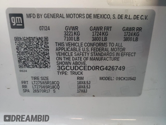 2024 Chevrolet Silverado 1500 Custom Trail Boss with VIN 3GCUDCED0RG426749, listed as a Copart auction lot 76178914 with 781 mi miles and Salvage Title. Bid and sale history available at carsss.com. Image 12.