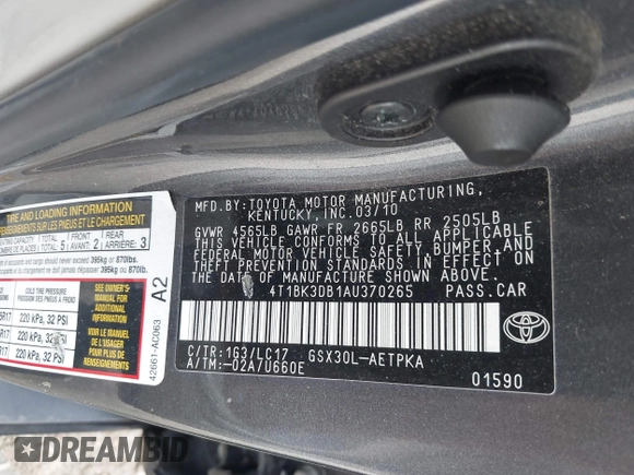 2010 Toyota Avalon XL with VIN 4T1BK3DB1AU370265, listed as a IAAI auction lot 41900545 with 131,769 mi miles and . Bid and sale history available at DreamBid. Image 9.