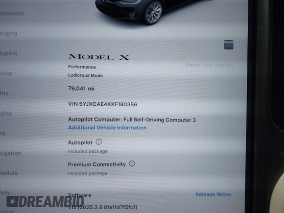 2019 Tesla Model X P90D with VIN 5YJXCAE4XKF180356, listed as a IAAI auction lot 42087926 with 79,041 mi miles. Bid and sale history available at carsss.com. Image 7.