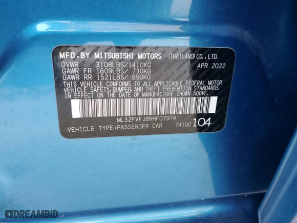 2022 Mitsubishi Mirage G4 SE with VIN ML32FVFJ8NHF07974, listed as a Copart auction lot 70099914 with 68,916 mi miles and Salvage Title. Bid and sale history available at carsss.com. Image 14.