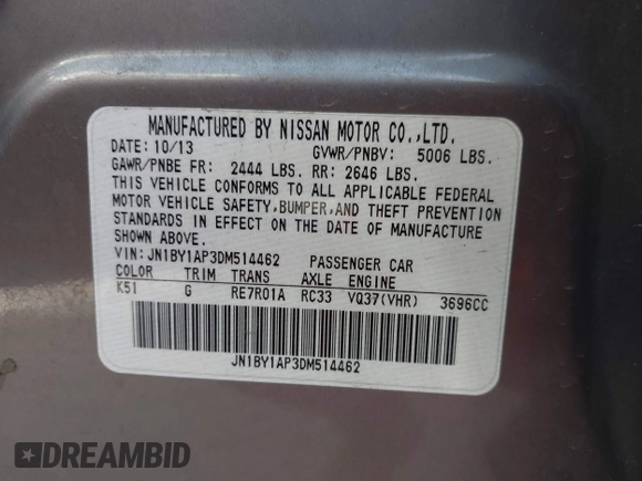 2013 Infiniti M37 with VIN JN1BY1AP3DM514462, listed as a IAAI auction lot 42141542 with 175,403 mi miles. Bid and sale history available at carsss.com. Image 9.