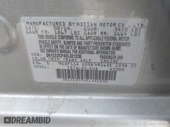 2014 Nissan Note SV with VIN 3N1CE2CP4EL421235, listed as a IAAI auction lot 41898078 with 138,707 mi miles and . Bid and sale history available at DreamBid. Image 9.