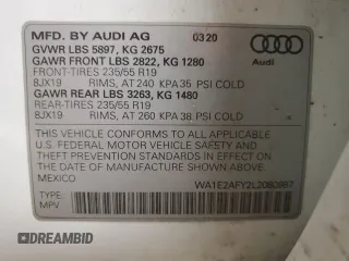 2020 Audi Q5 Premium Plus with VIN WA1E2AFY2L2080987, listed as a Copart auction lot 89344955 with 55,463 mi miles and Salvage title. Bid and sale history available at DreamBid. Image 14.