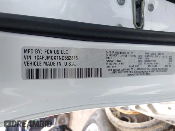 2022 Jeep Cherokee X with VIN 1C4PJMCX1ND552845, listed as a IAAI auction lot 41877665 with Not provided miles and . Bid and sale history available at DreamBid. Image 9.