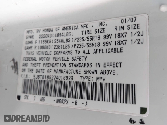 2007 Acura RDX Tech Pkg with VIN 5J8TB18527A016929, listed as a IAAI auction lot 41880875 with 203,278 mi miles. Bid and sale history available at carsss.com. Image 9.