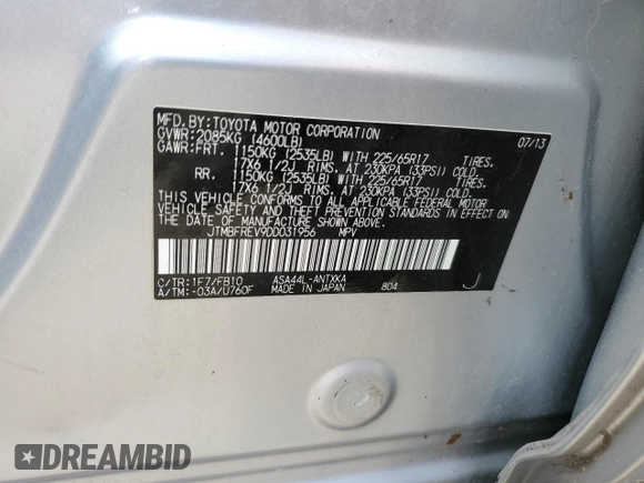 2013 Toyota RAV4 LE with VIN JTMBFREV9DD031956, listed as a Copart auction lot 59894725 with 116,368 mi miles and Salvage title. Bid and sale history available at DreamBid. Image 13.