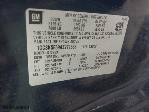 2010 Chevrolet Silverado 1500 LT with VIN 1GCSKSE39AZ271363, listed as a IAAI auction lot 41882454 with 96,210 mi miles. Bid and sale history available at carsss.com. Image 9.
