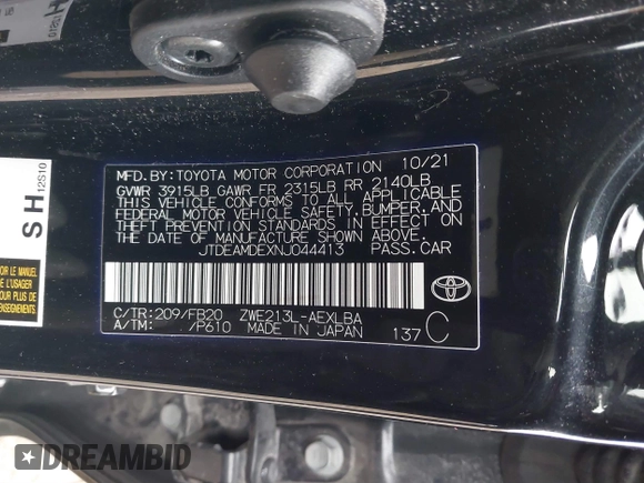2022 Toyota Corolla Hybrid LE with VIN JTDEAMDEXNJ044413, listed as a IAAI auction lot 41556787 with 37,529 mi miles. Bid and sale history available at carsss.com. Image 9.