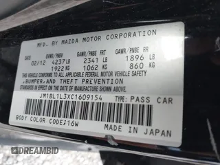 2012 Mazda 3 Mazdaspeed3 Touring with VIN JM1BL1L3XC1609154, listed as a IAAI auction lot 41260912 with 81,866 mi miles and . Bid and sale history available at DreamBid. Image 9.