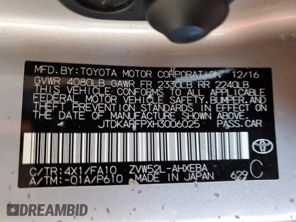 2017 Toyota Prius Plus with VIN JTDKARFPXH3006025, listed as a Copart auction lot 46515755 with Not Provided miles and Salvage Title. Bid and sale history available at DreamBid. Image 12.