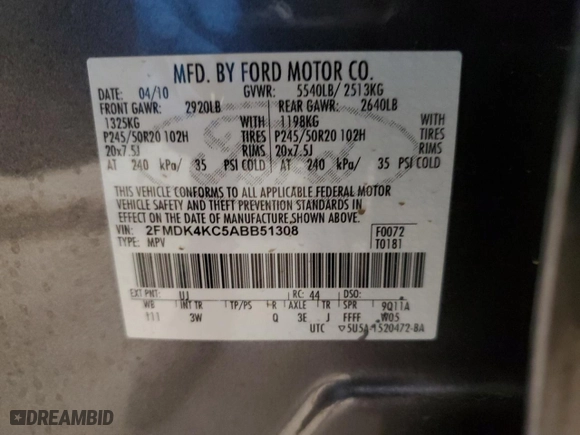 2010 Ford Edge Limited with VIN 2FMDK4KC5ABB51308, listed as a Copart auction lot 51109665 with 56,352 mi miles and Salvage Title. Bid and sale history available at carsss.com. Image 15.