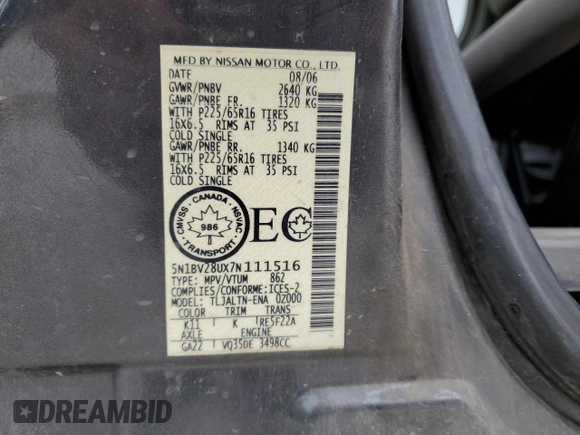 2007 Nissan Quest S with VIN 5N1BV28UX7N111516, listed as a Copart auction lot 83789084 with 369,266 mi miles and Clean Title. Bid and sale history available at carsss.com. Image 13.