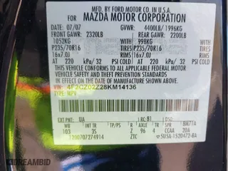 2008 Mazda Tribute Grand Touring with VIN 4F2CZ02Z28KM14136, listed as a IAAI auction lot 41878738 with 155,465 mi miles. Bid and sale history available at carsss.com. Image 9.