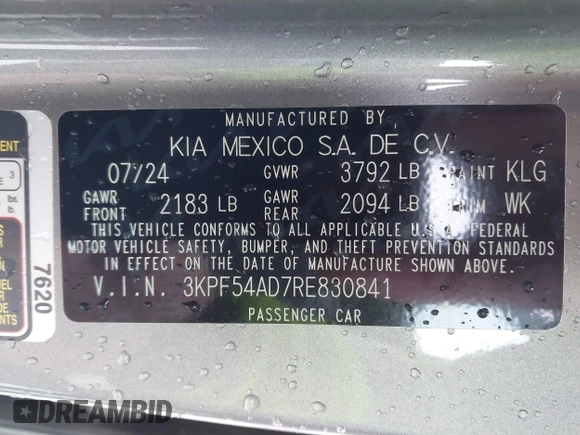 2024 Kia Forte GT-Line with VIN 3KPF54AD7RE830841, listed as a IAAI auction lot 42011707 with 1,487 mi miles and . Bid and sale history available at carsss.com. Image 9.