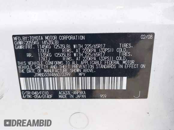 2008 Toyota RAV4 с VIN JTMBD33V486073399, выставлен на аукционе IAAI как лот 42472991 с пробегом 208 056 миль миль и . История ставок и продаж доступна на DreamBid. Изображение 9.