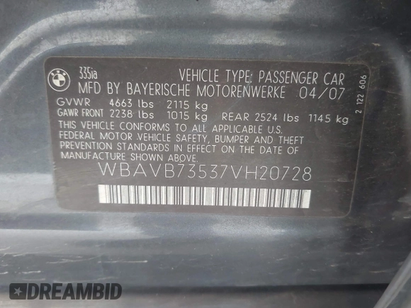 2007 BMW 3 Series 335i с VIN WBAVB73537VH20728, выставлен на аукционе IAAI как лот 42573878 с пробегом 89 984 миль миль и . История ставок и продаж доступна на DreamBid. Изображение 9.