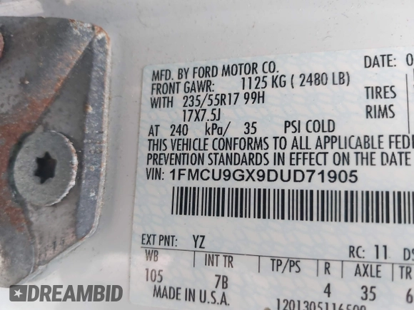 2013 Ford Escape SE with VIN 1FMCU9GX9DUD71905, listed as a IAAI auction lot 41768127 with 48,183 mi miles. Bid and sale history available at carsss.com. Image 9.