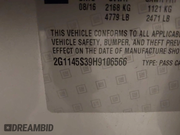2017 Chevrolet Impala Premier with VIN 2G1145S39H9106566, listed as a IAAI auction lot 41905566 with 145,114 mi miles and . Bid and sale history available at DreamBid. Image 9.