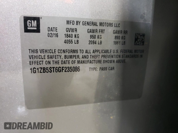 2016 Chevrolet Malibu LS with VIN 1G1ZB5ST6GF235086, listed as a Copart auction lot 41852175 with 63,377 mi miles and Salvage Title. Bid and sale history available at DreamBid. Image 12.