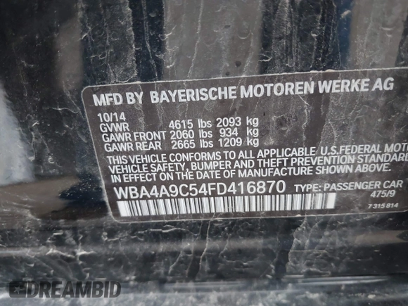 2015 BMW 4 Series 428i with VIN WBA4A9C54FD416870, listed as a IAAI auction lot 41593977 with 99,314 mi miles and . Bid and sale history available at DreamBid. Image 9.