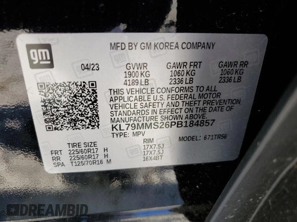 2023 Chevrolet TrailBlazer LS with VIN KL79MMS26PB184857, listed as a Copart auction lot 61842694 with 11,682 mi miles and Salvage Title. Bid and sale history available at DreamBid. Image 12.