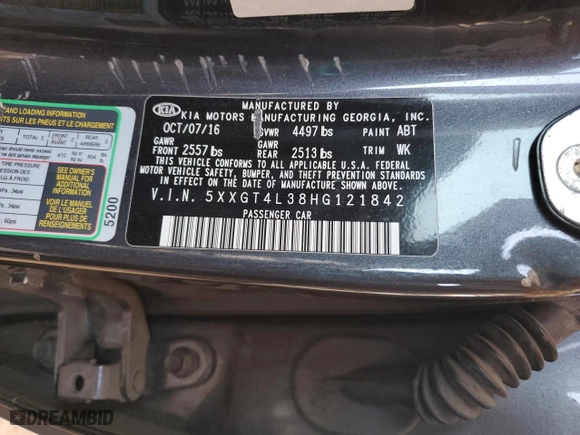 2017 Kia Optima LX with VIN 5XXGT4L38HG121842, listed as a Copart auction lot 47053965 with 150,470 mi miles and Salvage Title. Bid and sale history available at carsss.com. Image 12.