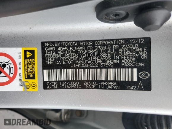 2013 Lexus CT 200h z VIN JTHKD5BH2D2137592, wystawiony jako Copart lot #56571025 z przebiegiem 304 454 mil mil oraz Szkody całkowita. Historia ofert i sprzedaży dostępna na DreamBid. Obrazek 12.
