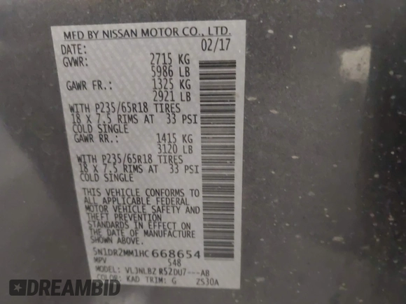 2017 Nissan Pathfinder SV with VIN 5N1DR2MM1HC668654, listed as a IAAI auction lot 42500600 with 71,434 mi miles and . Bid and sale history available at DreamBid. Image 9.