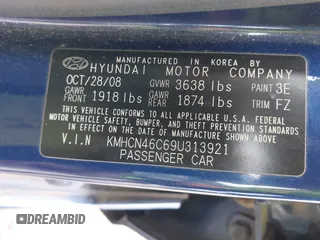2009 Hyundai Accent Auto GLS with VIN KMHCN46C69U313921, listed as a IAAI auction lot 42011166 with 123,026 mi miles. Bid and sale history available at carsss.com. Image 9.
