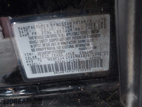 2015 Nissan Sentra SV z VIN 3N1AB7AP1FY252599, wystawiony jako IAAI lot #42521749 z przebiegiem 103 238 mil mil oraz . Historia ofert i sprzedaży dostępna na DreamBid. Obrazek 9.