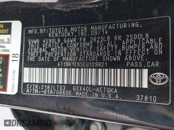 2014 Toyota Avalon Limited with VIN 4T1BK1EB5EU129821, listed as a IAAI auction lot 42085414 with 113,729 mi miles. Bid and sale history available at carsss.com. Image 9.