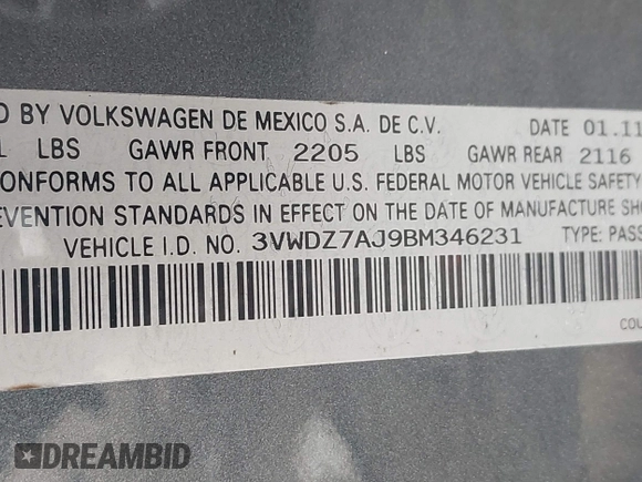 2011 Volkswagen Jetta SE with VIN 3VWDZ7AJ9BM346231, listed as a IAAI auction lot 42611214 with 145,045 mi miles and . Bid and sale history available at DreamBid. Image 9.