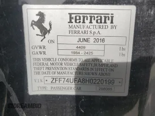 2017 Ferrari F12 z VIN ZFF74UFA8H0220199, wystawiony jako Copart lot #75630184 z przebiegiem Nie podano mil oraz Szkody całkowita. Historia ofert i sprzedaży dostępna na DreamBid. Obrazek 12.