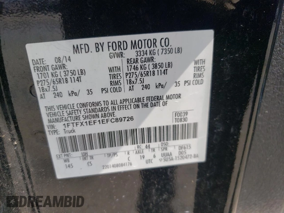 2014 Ford F-150 XL с VIN 1FTFX1EF1EFC89726, выставлен на аукционе Copart как лот 60058005 с пробегом 140 836 миль миль и Списание • Salvage title. История ставок и продаж доступна на DreamBid. Изображение 12.